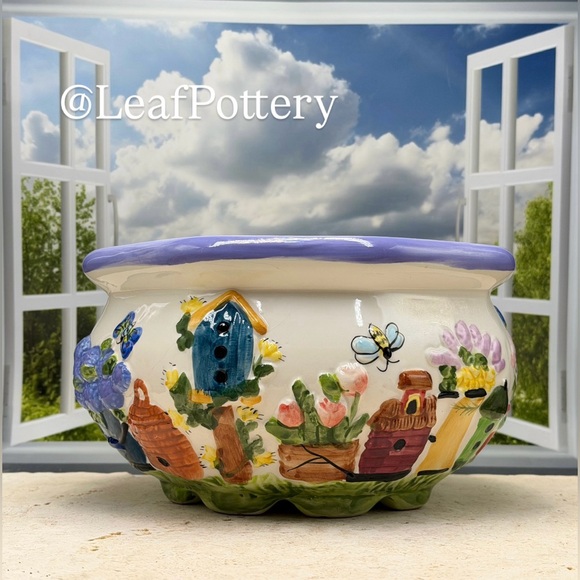 Vintage Decoware Fine Pottery Birdhouse & Garden Relief Planter Bowl - Picture 2 of 9